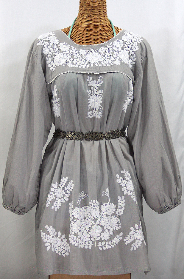 "La Mariposa Larga" Embroidered Mexican Dress - Grey