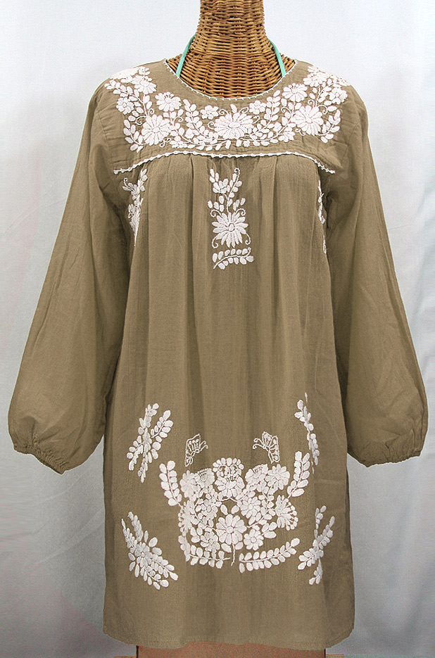 "La Mariposa Larga" Embroidered Mexican Dress - Khaki + White