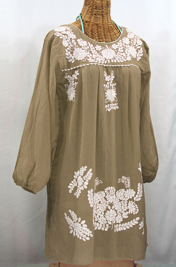 "La Mariposa Larga" Embroidered Mexican Dress - Khaki + White