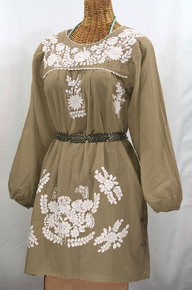 "La Mariposa Larga" Embroidered Mexican Dress - Khaki + White