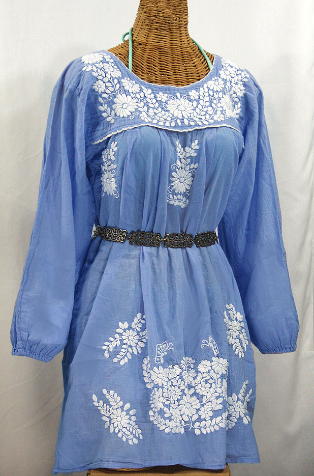 "La Mariposa Larga" Embroidered Mexican Dress - Light Blue
