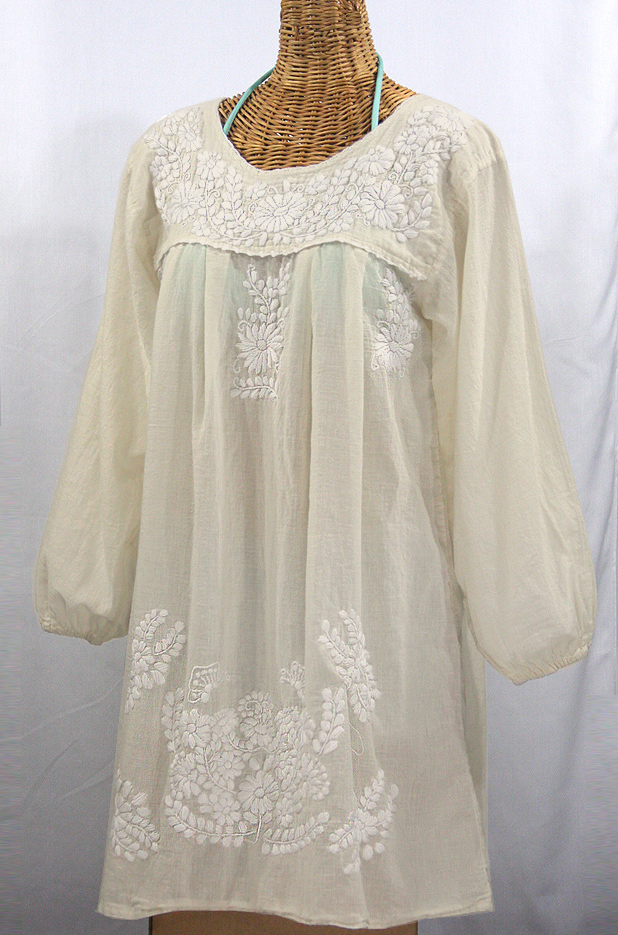 "La Mariposa Larga" Embroidered Mexican Dress - Off White + Off White Embroidery