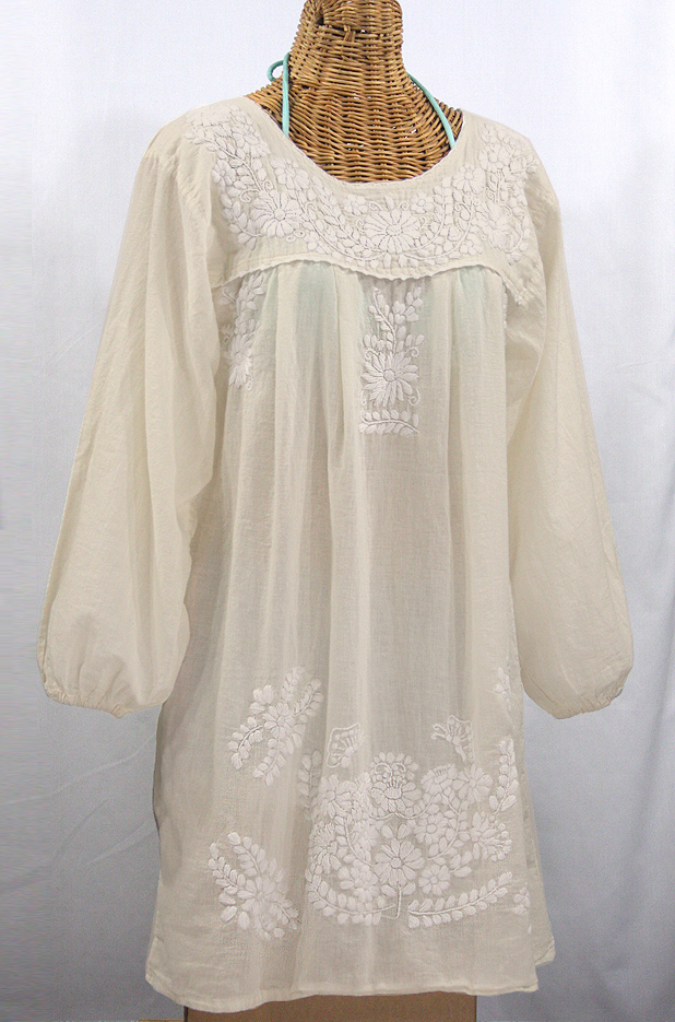 "La Mariposa Larga" Embroidered Mexican Dress - Off White + Off White Embroidery