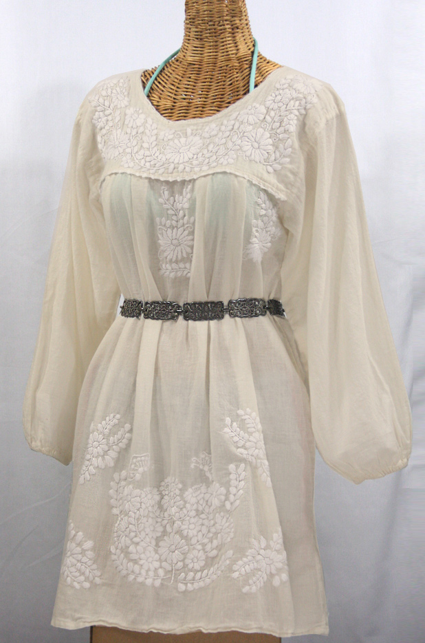 "La Mariposa Larga" Embroidered Mexican Dress - Off White + Off White Embroidery