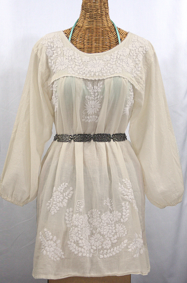 "La Mariposa Larga" Embroidered Mexican Dress - Off White + Off White Embroidery