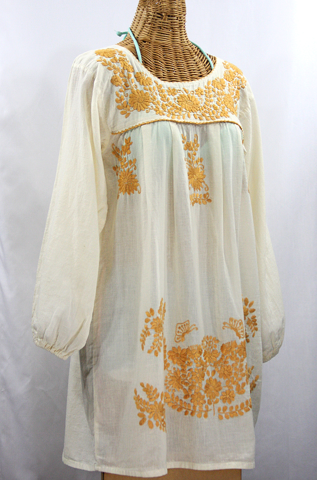 "La Mariposa" Embroidered Mexican Dress - Off White + Gold Embroidery