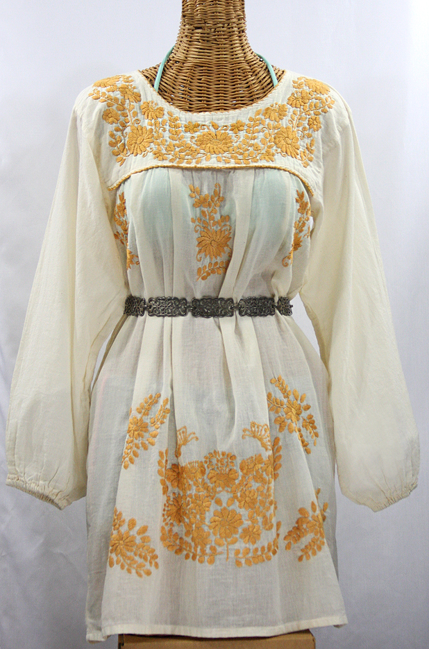 "La Mariposa" Embroidered Mexican Dress - Off White + Gold Embroidery