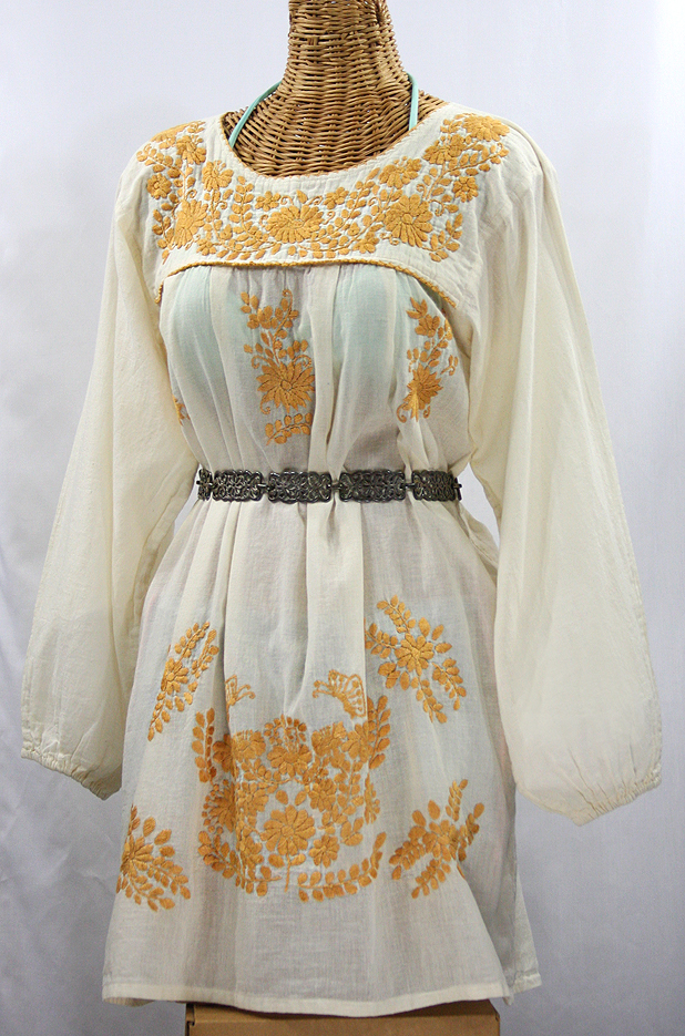 "La Mariposa" Embroidered Mexican Dress - Off White + Gold Embroidery