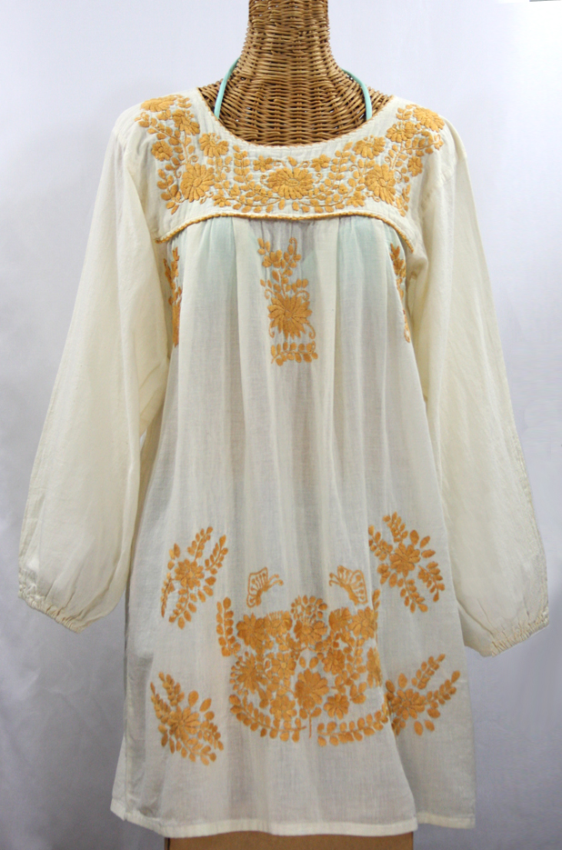 "La Mariposa" Embroidered Mexican Dress - Off White + Gold Embroidery