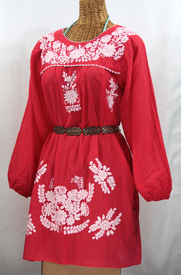 "La Mariposa Larga" Embroidered Mexican Dress - Tomato Red