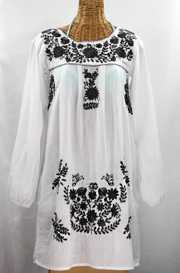 "La Mariposa Larga" Embroidered Mexican Dress - White + Black