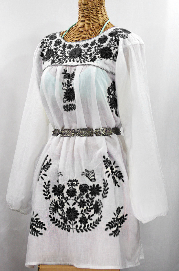 "La Mariposa Larga" Embroidered Mexican Dress - White + Black