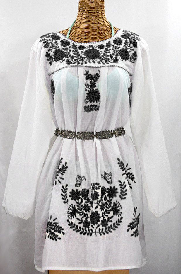 "La Mariposa Larga" Embroidered Mexican Dress - White + Black