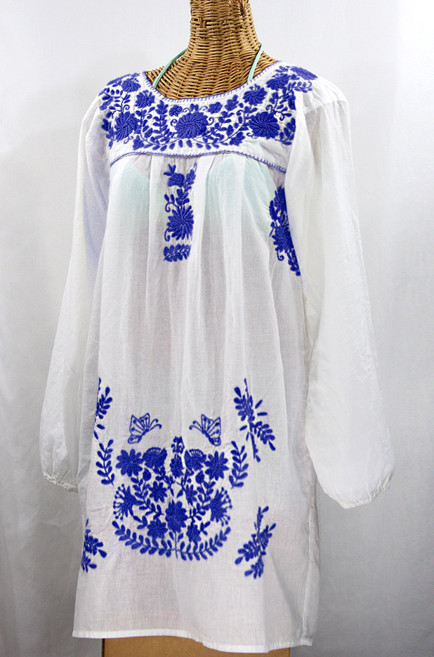 "La Mariposa Larga" Embroidered Mexican Dress - White + Blue