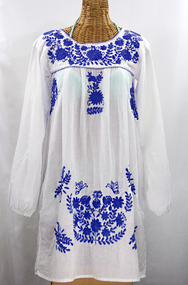 "La Mariposa Larga" Embroidered Mexican Dress - White + Blue