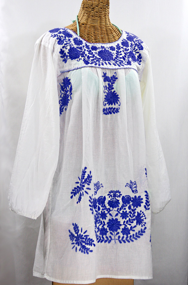 "La Mariposa Larga" Embroidered Mexican Dress - White + Blue