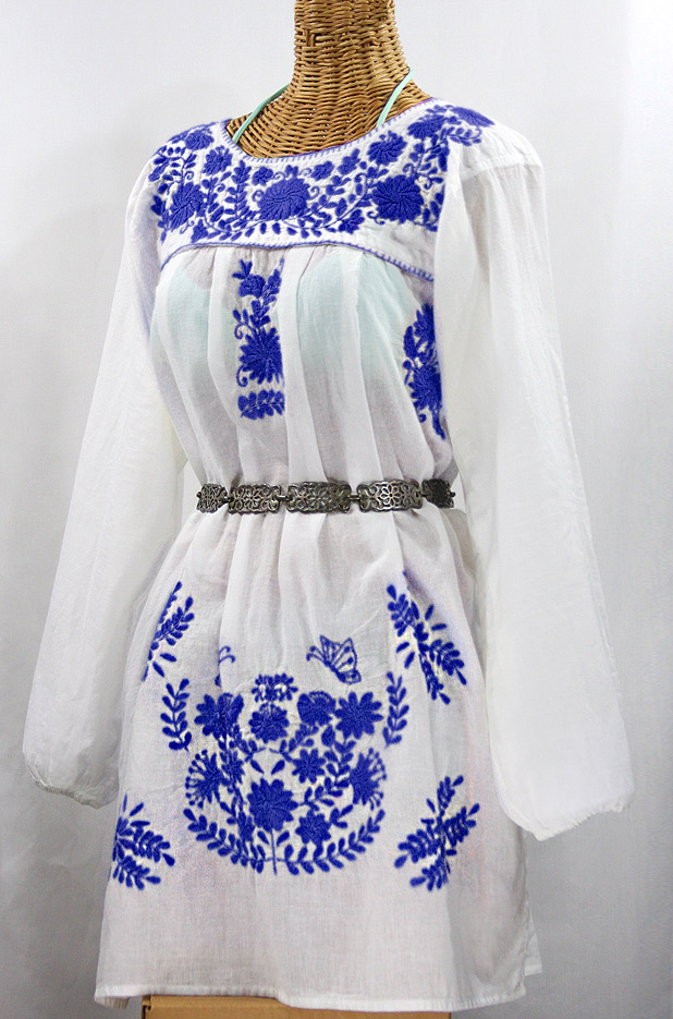 "La Mariposa Larga" Embroidered Mexican Dress - White + Blue