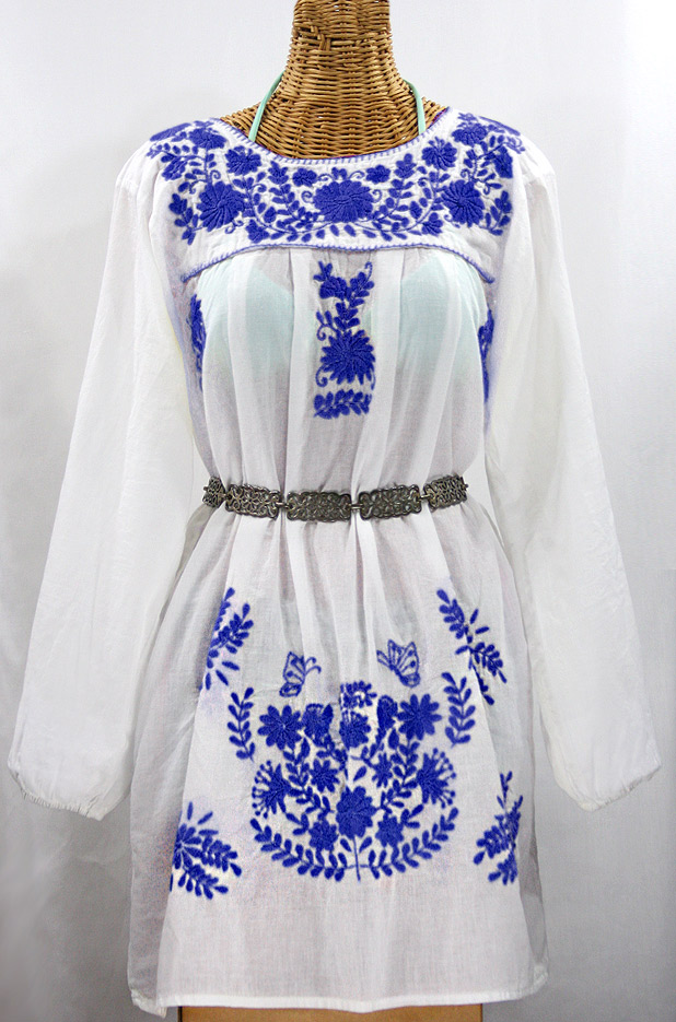 "La Mariposa Larga" Embroidered Mexican Dress - White + Blue