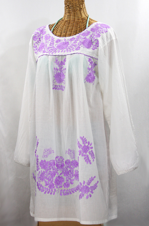 "La Mariposa Larga" Embroidered Mexican Dress - White + Purple