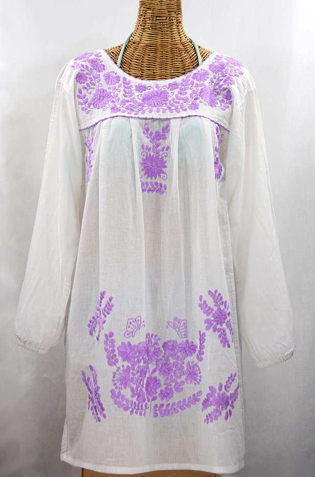 "La Mariposa Larga" Embroidered Mexican Dress - White + Purple