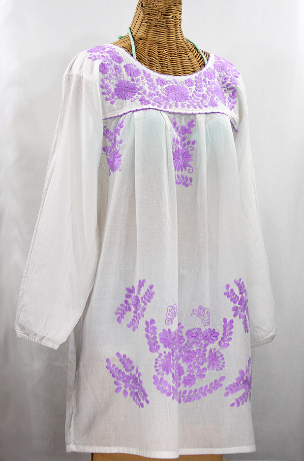 "La Mariposa Larga" Embroidered Mexican Dress - White + Purple