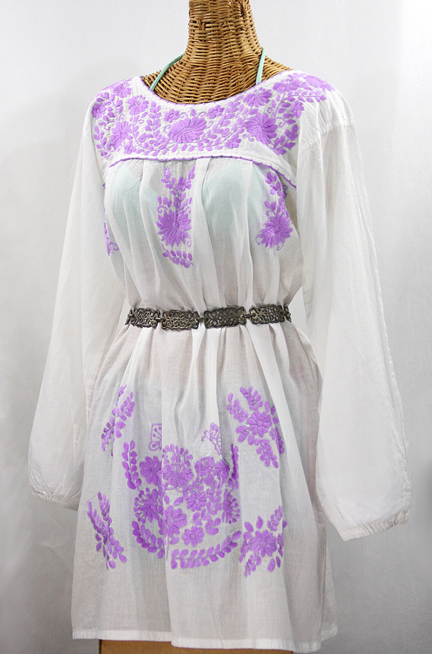 "La Mariposa Larga" Embroidered Mexican Dress - White + Purple