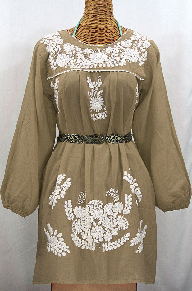 "La Mariposa Larga" Embroidered Mexican Dress - Khaki + White