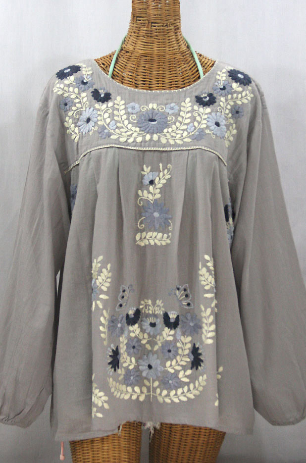 "La Mariposa Larga" Embroidered Mexican Style Peasant Top - Grey + Grey Mix
