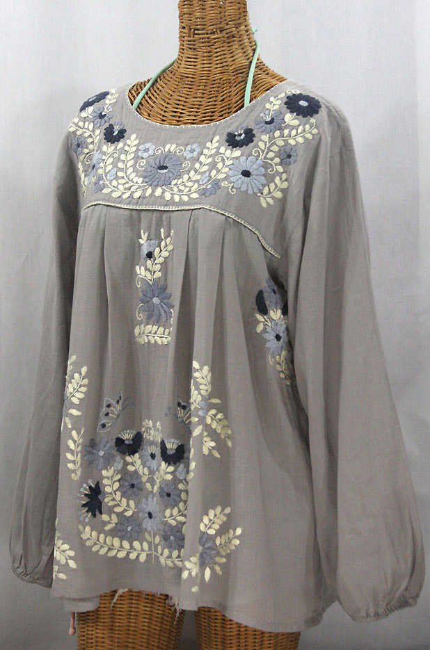 "La Mariposa Larga" Embroidered Mexican Style Peasant Top - Grey + Grey Mix