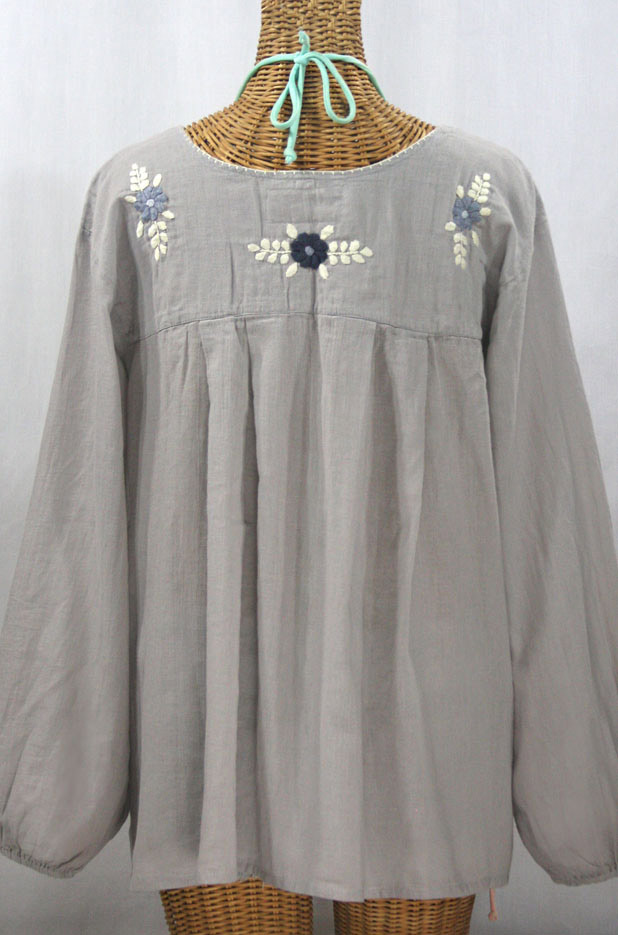 "La Mariposa Larga" Embroidered Mexican Style Peasant Top - Grey + Grey Mix