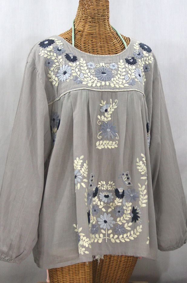 "La Mariposa Larga" Embroidered Mexican Style Peasant Top - Grey + Grey Mix