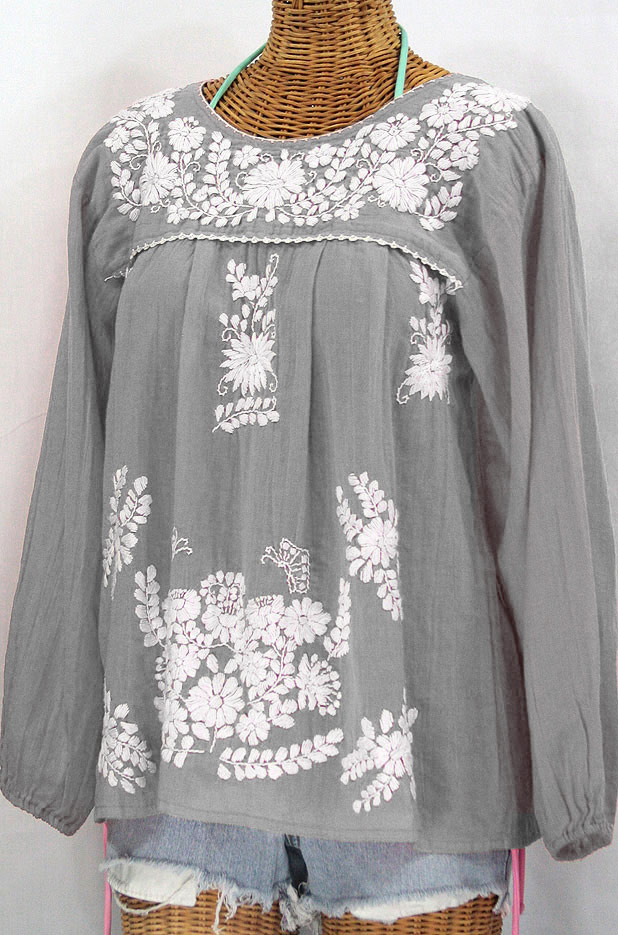 "La Mariposa Larga" Embroidered Mexican Style Peasant Top - Grey