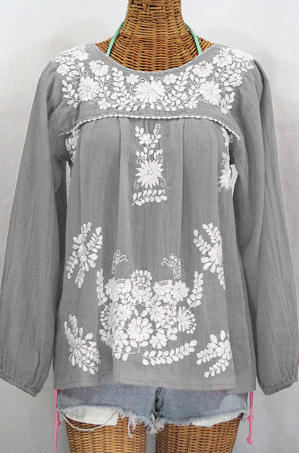 "La Mariposa Larga" Embroidered Mexican Style Peasant Top - Grey