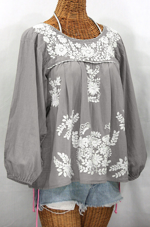 "La Mariposa Larga" Embroidered Mexican Style Peasant Top - Grey