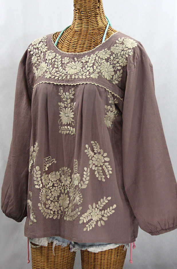 "La Mariposa Larga" Embroidered Mexican Blouse - Taupe + Cream
