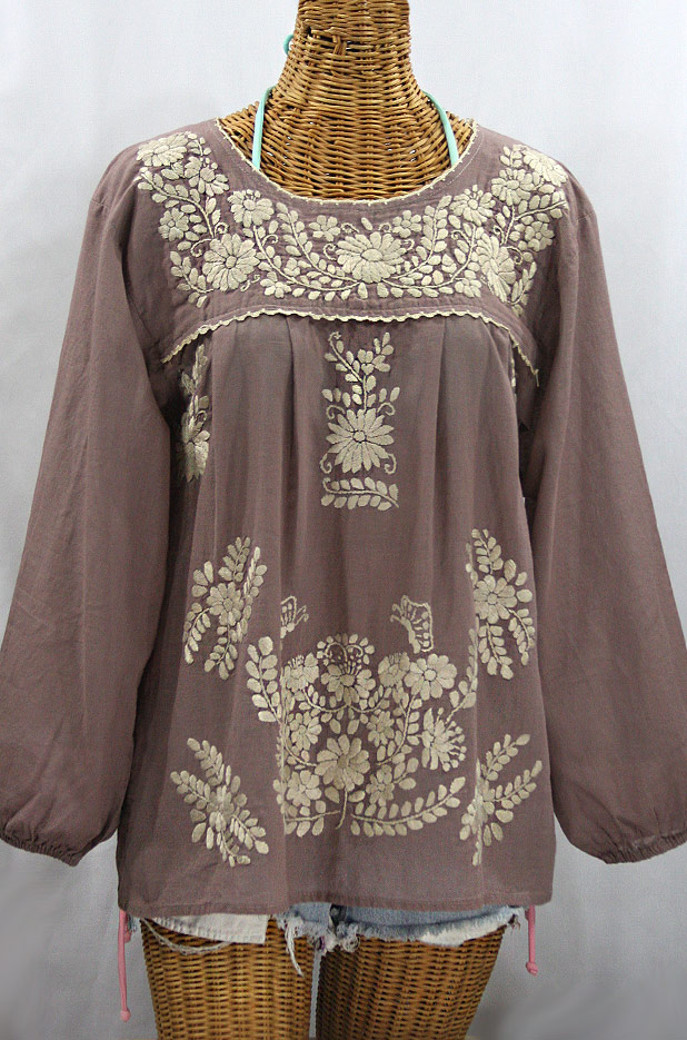 "La Mariposa Larga" Embroidered Mexican Blouse - Taupe + Cream