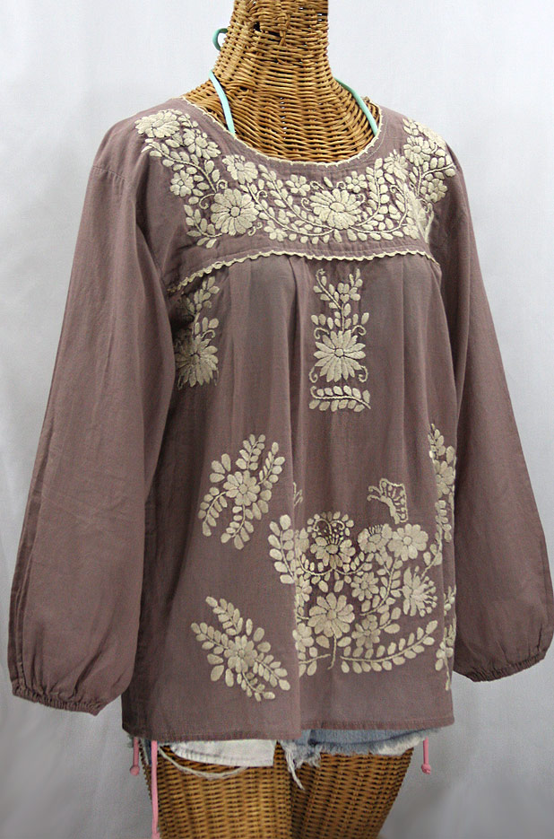 "La Mariposa Larga" Embroidered Mexican Blouse - Taupe + Cream