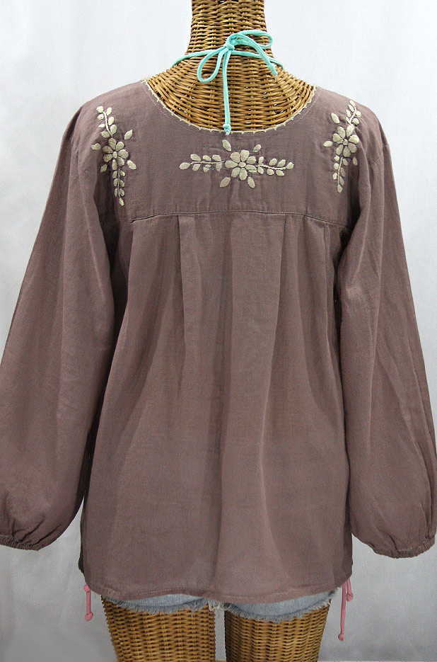"La Mariposa Larga" Embroidered Mexican Blouse - Taupe + Cream