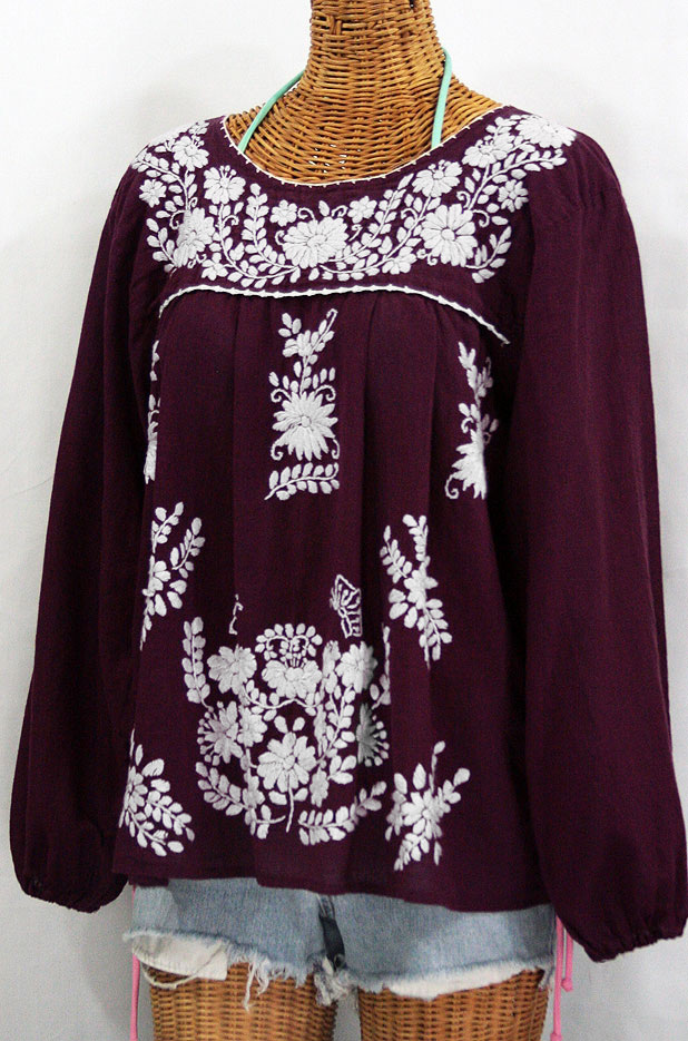 "La Mariposa Larga" Embroidered Mexican Style Peasant Top - Plum