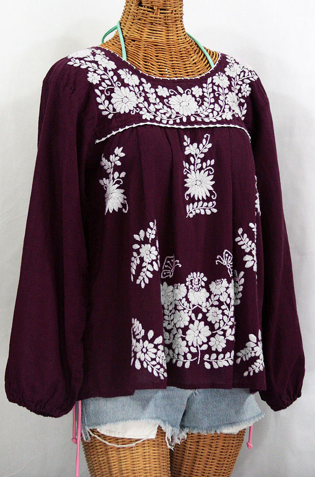 "La Mariposa Larga" Embroidered Mexican Style Peasant Top - Plum