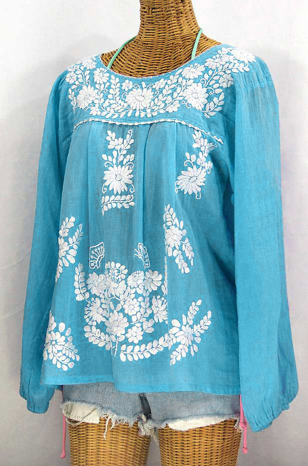 "La Mariposa Larga" Embroidered Mexican Style Peasant Top - Aqua + White