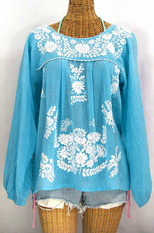 "La Mariposa Larga" Embroidered Mexican Style Peasant Top - Aqua + White