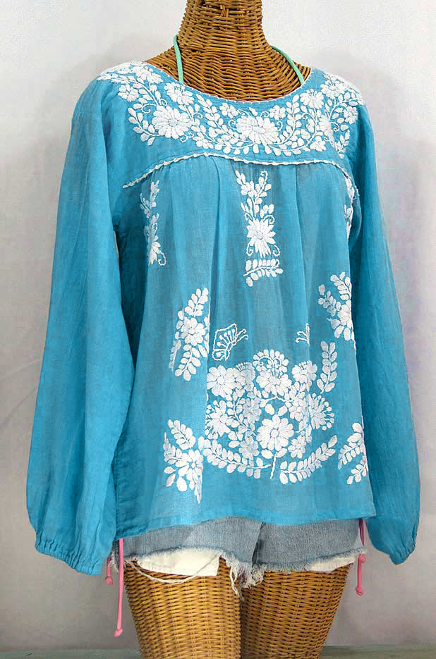 "La Mariposa Larga" Embroidered Mexican Style Peasant Top - Aqua + White