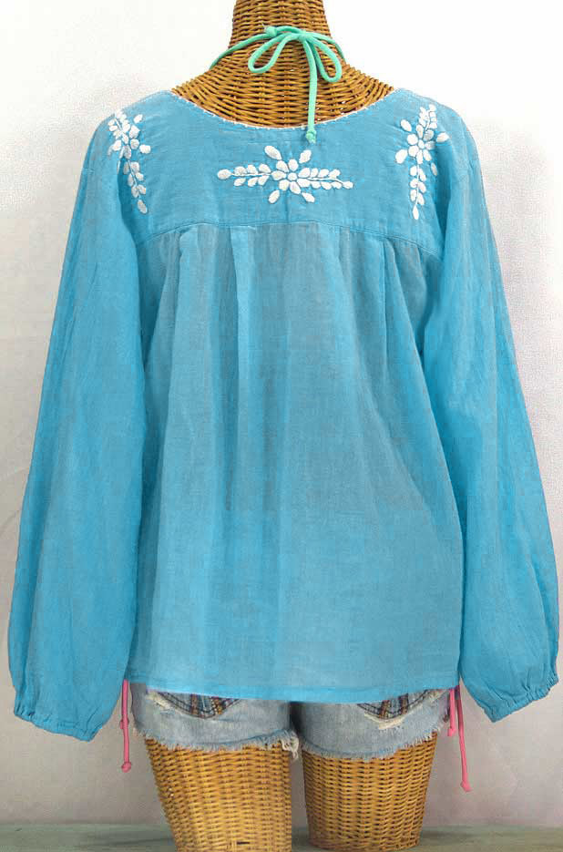 "La Mariposa Larga" Embroidered Mexican Style Peasant Top - Aqua + White