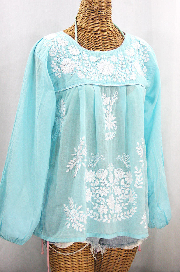 "La Mariposa Larga" Embroidered Mexican Style Peasant Top - Pale Blue + White