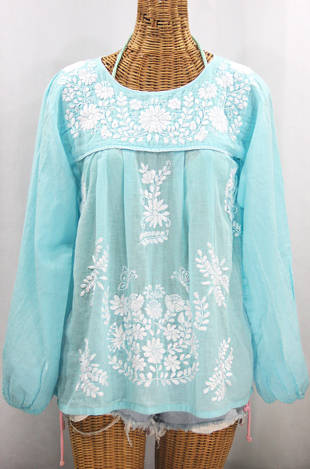 "La Mariposa Larga" Embroidered Mexican Style Peasant Top - Pale Blue + White