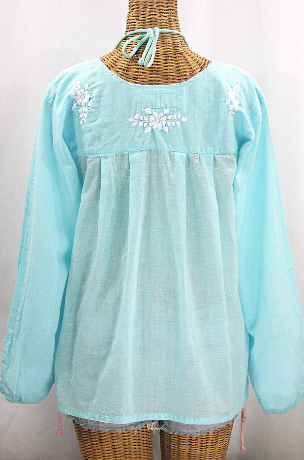 "La Mariposa Larga" Embroidered Mexican Style Peasant Top - Pale Blue + White