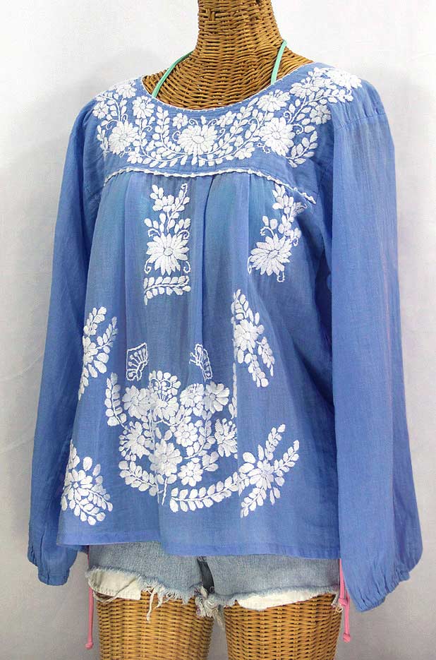 "La Mariposa Larga" Embroidered Mexican Style Peasant Top - Light Blue