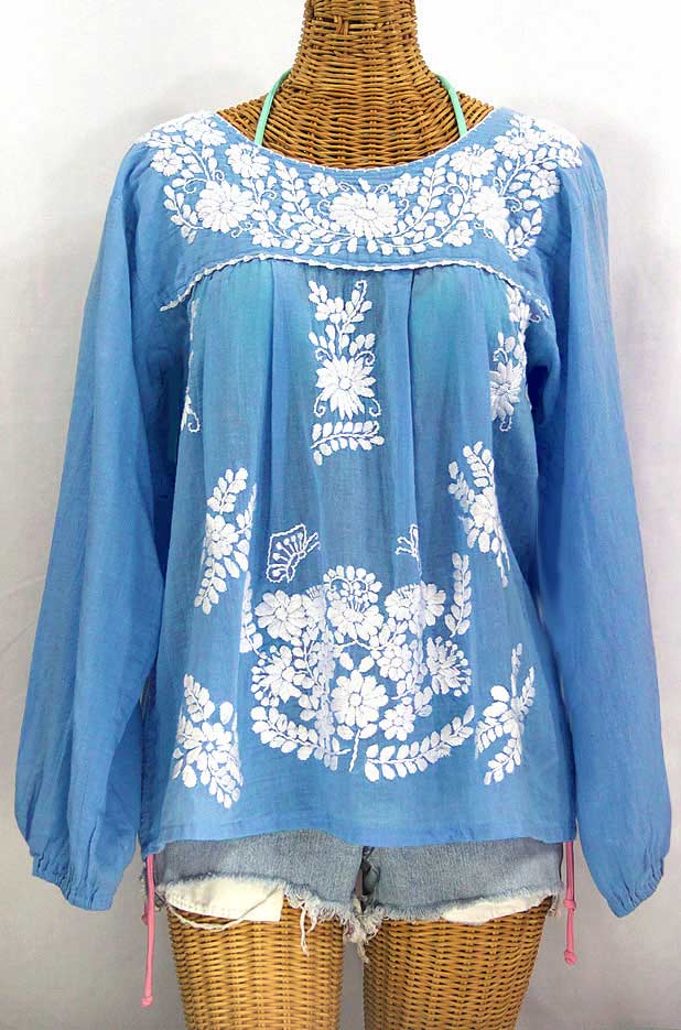 "La Mariposa Larga" Embroidered Mexican Style Peasant Top - Light Blue