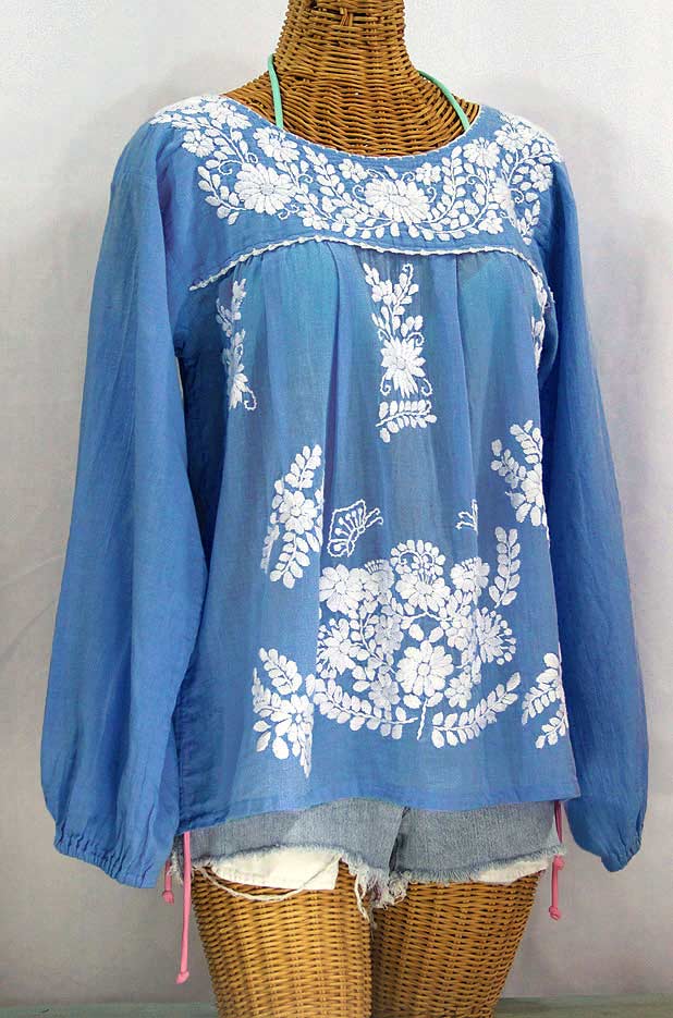 "La Mariposa Larga" Embroidered Mexican Style Peasant Top - Light Blue